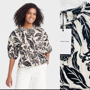 Who What Wear Women's Top Small Linen Half Sleeve Peplum Shirt Floral Print New